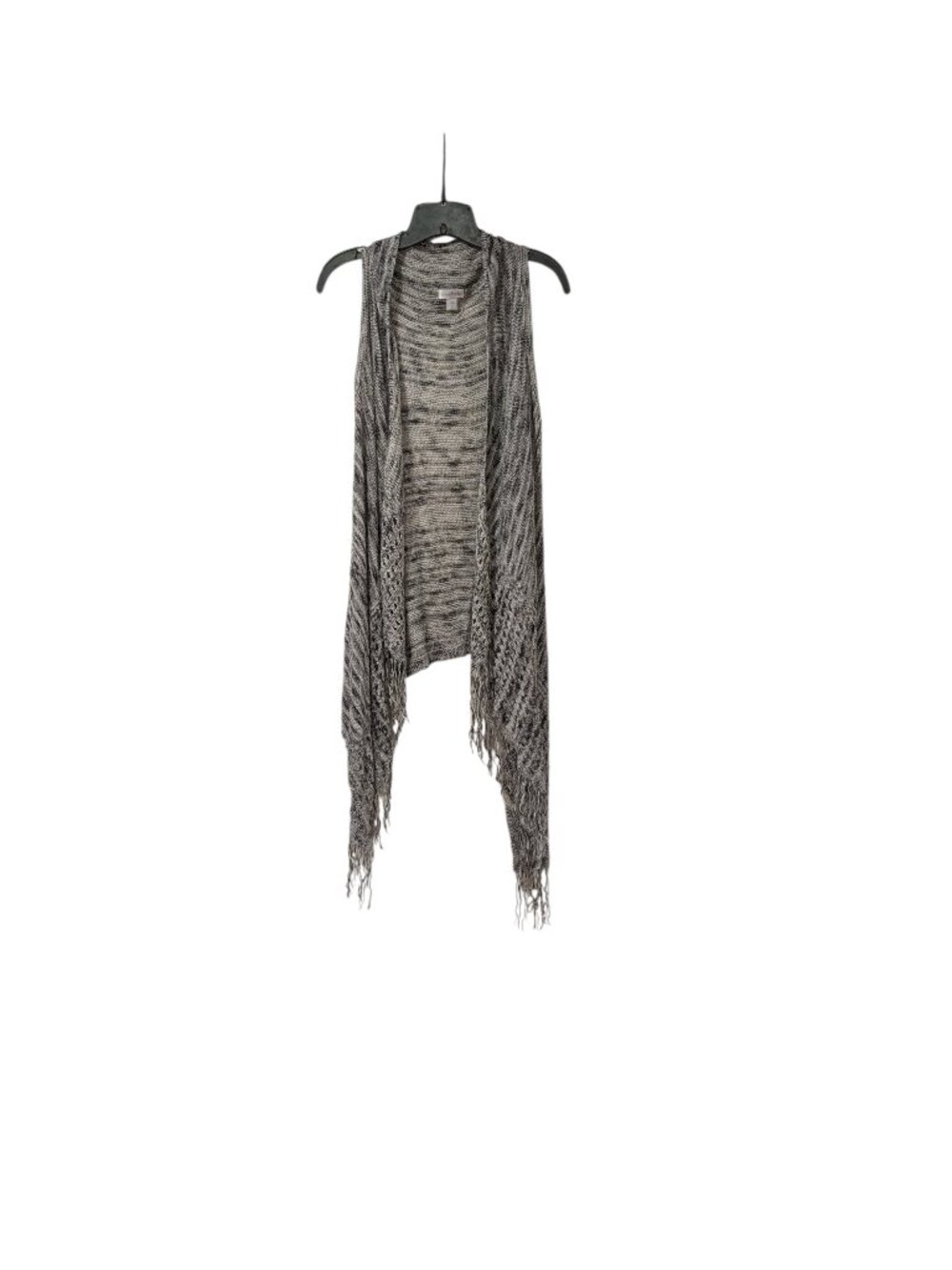 Charming Charlie Gray Knit Fringe Sleeveless Open Cardigan Boho Sz M